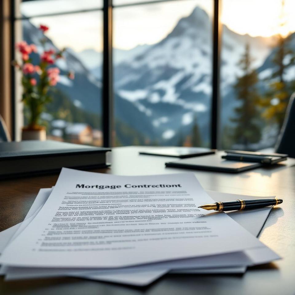 Document de contrat hypothécaire suisse avec stylo, illustrant les termes et conditions à comprendre avant signature