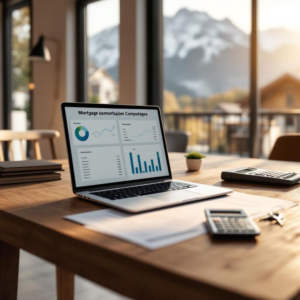 Propriétaire suisse consultant une comparaison de taux hypothécaires en ligne sur son ordinateur portable pour son renouvellement