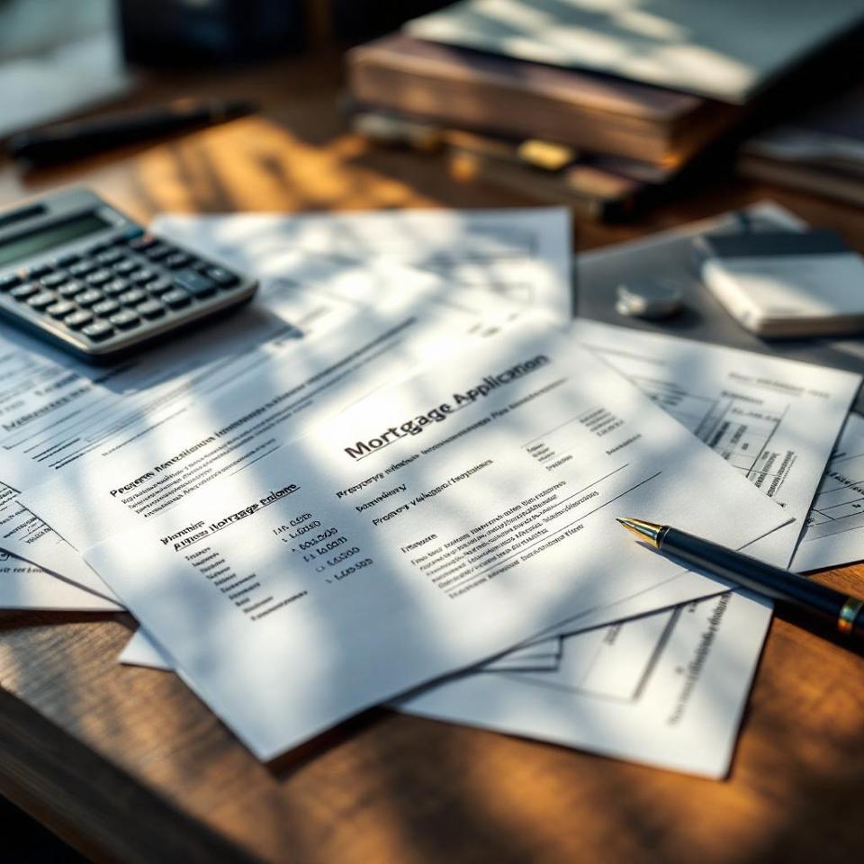 Illustration of a document checklist for a Swiss mortgage application file with identity documents, financial records and property reports