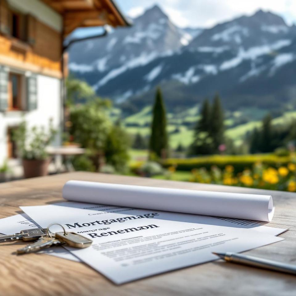 Illustration conceptuelle d'une main tenant un contrat hypothécaire suisse avec calcul de taux et documents de comparaison en arrière-plan, symbolisant le processus de renouvellement hypothécaire en Suisse 2026