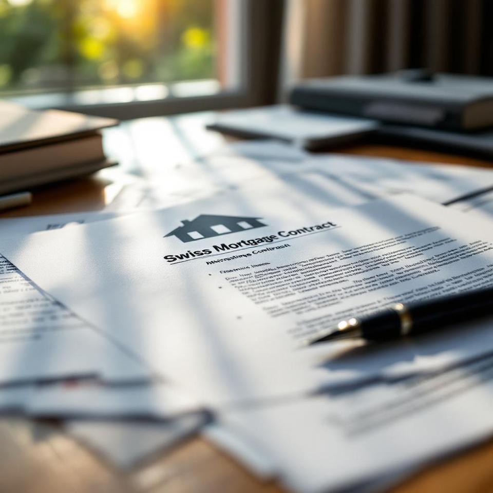Document de contrat hypothécaire suisse avec stylo, illustrant les termes et conditions à comprendre avant signature