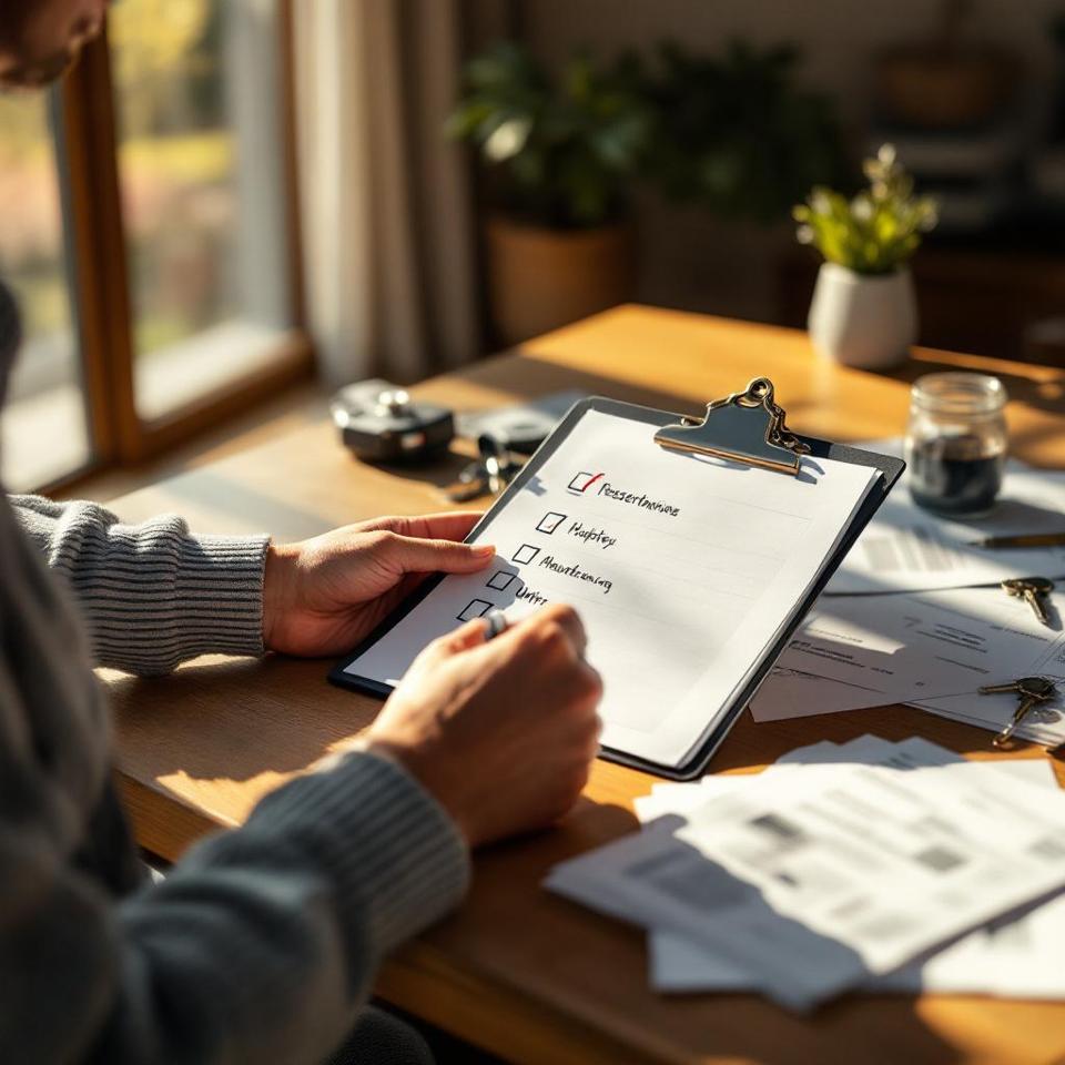 Propriétaire suisse effectuant sa checklist annuelle avec documents hypothécaires et plans de maintenance