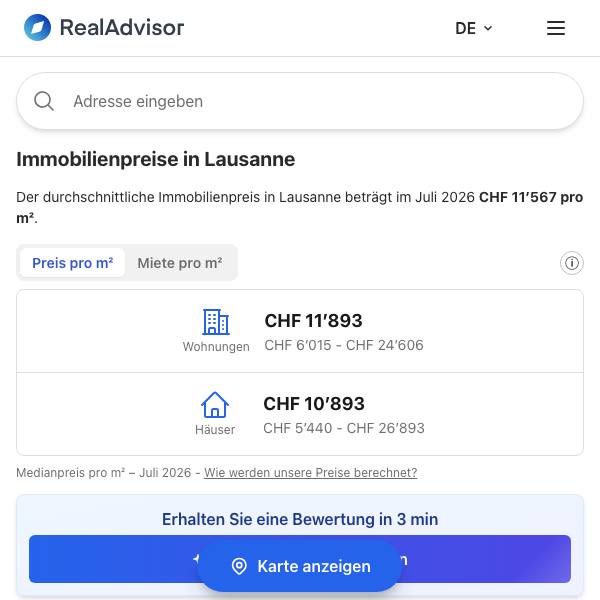 Vorschau der Immobilienpreise in Lausanne auf RealAdvisor
