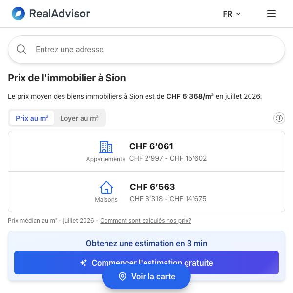 Aperçu des prix immobiliers à Sion sur RealAdvisor