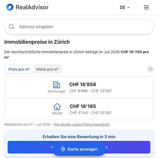Vorschau der Immobilienpreise in Zürich auf RealAdvisor