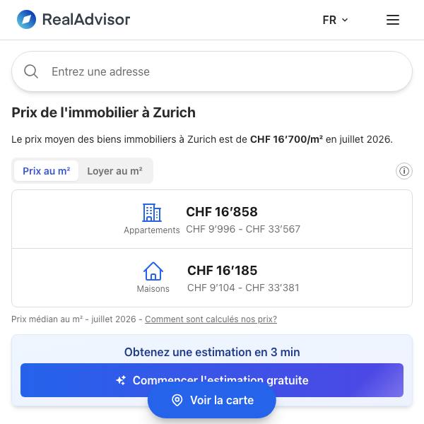 Aperçu des prix immobiliers à Zurich sur RealAdvisor