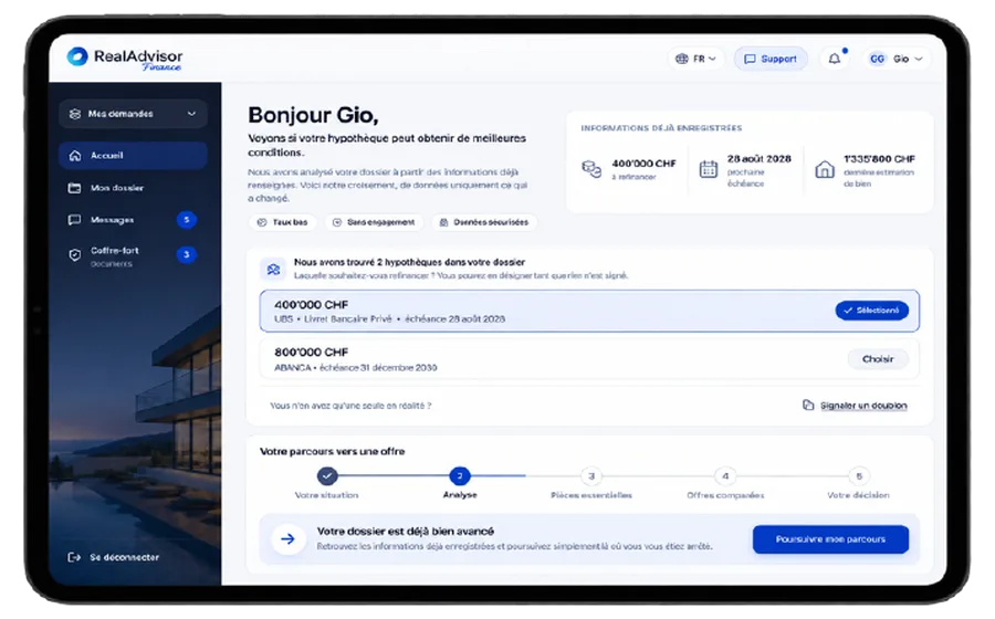 Spazio personale RealAdvisor Finance su tablet: dossier, scadenze e percorso verso un’offerta