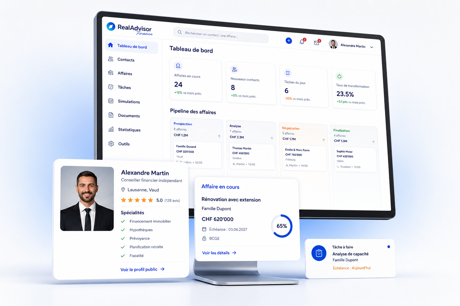 RealAdvisor Finance CRM-Dashboard mit Beraterprofil und laufendem Geschäft