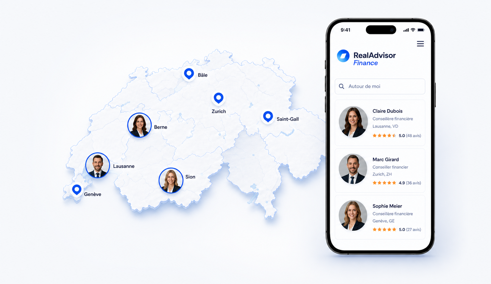 Lokale Sichtbarkeit eines Finanzberaters im Verzeichnis und auf den Seiten von RealAdvisor Finance