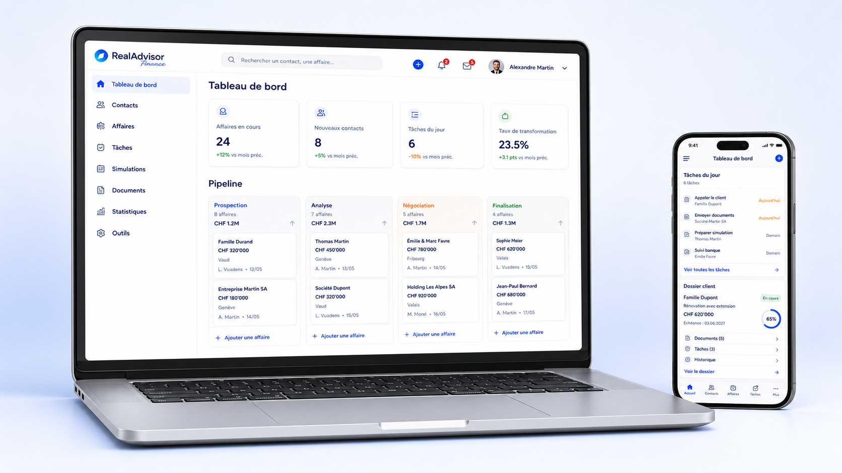 RealAdvisor Finance CRM-Dashboard auf Laptop und Smartphone mit Aufgaben und Kundendossiers