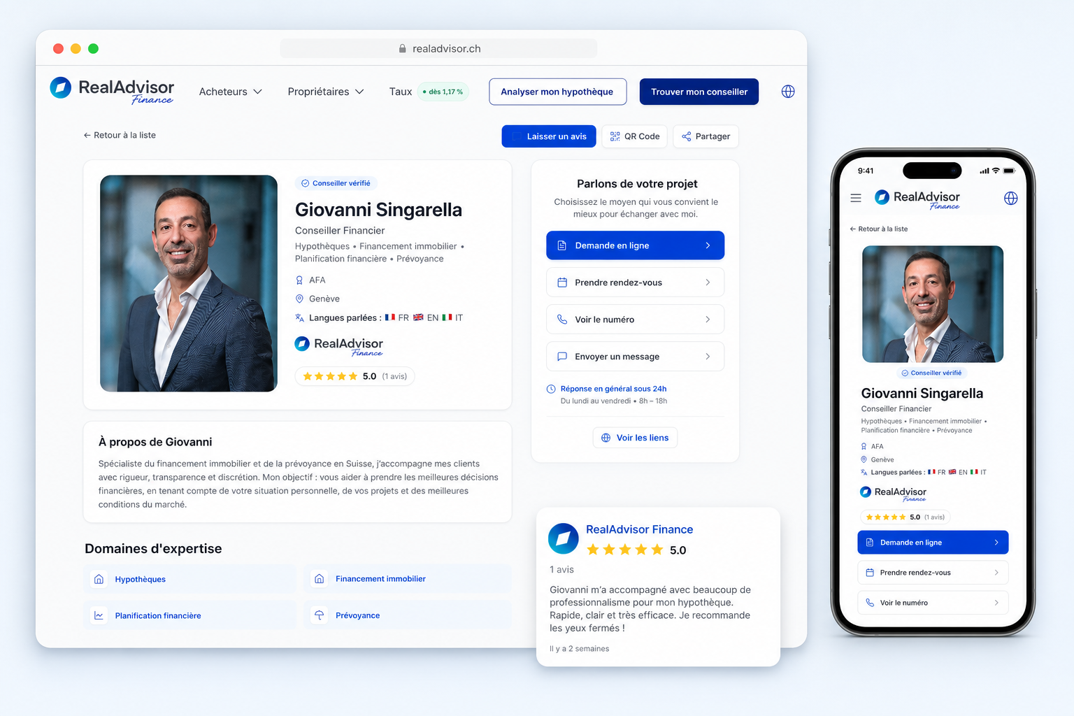 Profil public vérifié d’un conseiller RealAdvisor Finance sur desktop et mobile avec avis client